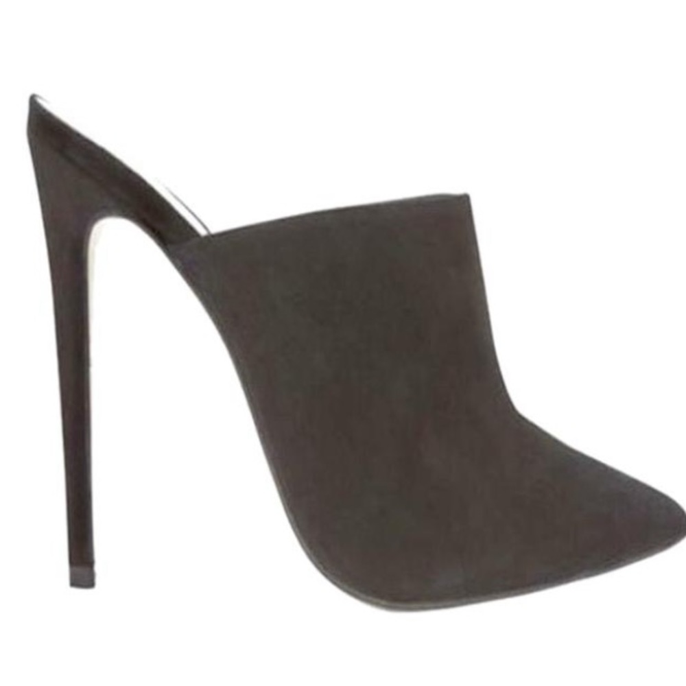 - Plomo black Sandra Suede Heels mule 8 Leather Point toe stiletto slides
